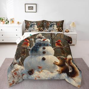Erosebridal Комплект постельного белья Winter Snowman с рождественскими кардиналами и белками, утепленный наполнитель, White Brown