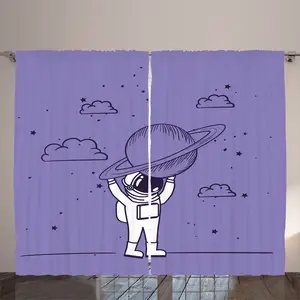 Шторы ABAKUHAUS Engineering Theme Rustic, Астронавт Сатурн, универсальные ленточные шторы для гостиной с петлями и крючками, 280 x 225 см, потолочный синий кварцевый белый Abakuhaus