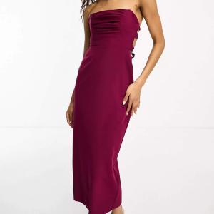 Платье Asos Design Pleat Bandeau Midi With Lace Up Back Detail, бордовый