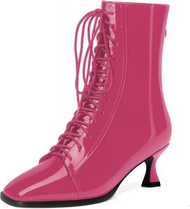 Женские ботинки MODENCOCO с квадратным носком, на молнии, шнуровке, из лакированной кожи, с низким каблуком-китен, высоким голенищем, 5 см, Magenta