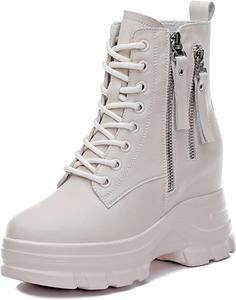 Женские кожаные ботильоны на танкетке с платформой и боевым стилем, с двойной боковой молнией, удобным круглым носком, шнуровкой, рифленой подошвой против скольжения, короткие ботинки для офиса, деловых встреч, свиданий и свадьбы NXNBHSL, Beige A