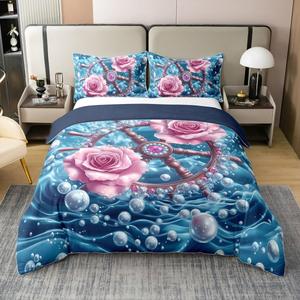 Erosebridal Комплект постельного белья Ships Wheel с розовым цветочным принтом в морском стиле из мягкого хлопка, Pink Blue
