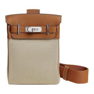 Hermes Сумка-слинг Hac A Dos Bivouac из канваса и быстрой телячьей кожи, маленькая, мужская, золотисто-коричневая