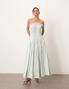 Платье-бандо миди ARRANGE из органзы с защипами и заниженной талией светло-голубого цвета