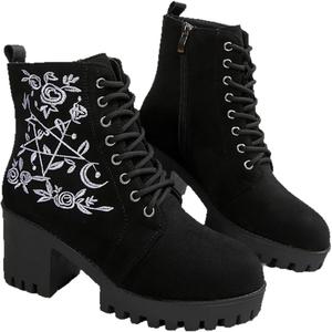 Женские вышитые ботильоны с массивным каблуком, зимние теплые ботинки на платформе с искусственным мехом, ретро-стиль с боковой молнией Azttoztto, Black