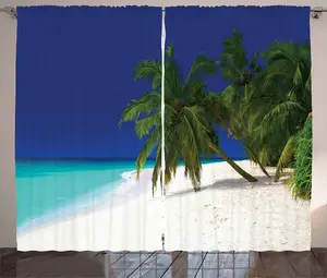 Штора ABAKUHAUS Тропический деревенский, Нетронутый берег, универсальная ленточная штора для гостиной с петлями и крючками, 280 x 245 см, темно-синий с белым Abakuhaus