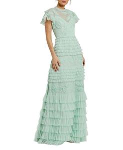 Бисерное кружевное платье с высоким воротником и цветочным принтом, отделанное мелкой рюшей Mac Duggal, зеленый