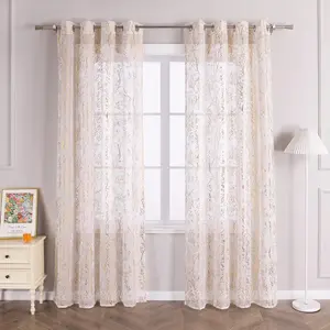 Штора с люверсами, вуаль с принтом в виде блестящих веток, прозрачная штора с люверсами для спальни или гостиной, 145 x 140 см (В x Ш), золото, 1 шт. Joyswahl