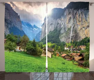 Шторы ABAKUHAUS Рустикальный пейзаж, Водопад и солнечный свет, универсальные ленточные шторы для гостиной с петлями и крючками, 280 x 175 см, серо-зеленый Abakuhaus