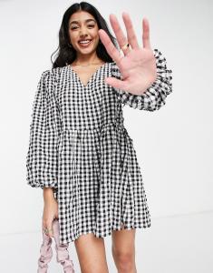 Черный комбинезон в мелкую клетку с пышными рукавами ASOS DESIGN