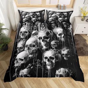 Erosebridal Готический комплект постельного белья Black Gothic Skull с черепами и скелетами в винтажном стиле для Хэллоуина, Gray Black