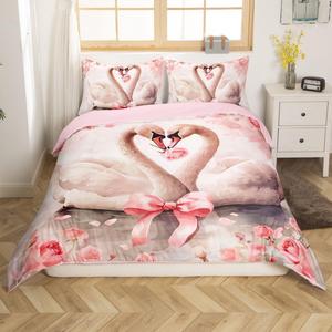 Erosebridal Романтический комплект постельного белья Valentine's Day с бантами, лебедями и розами, розовыми цветами и листьями, Pink White