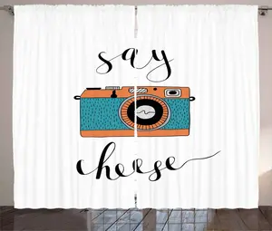 Штора ABAKUHAUS Camera Rustic, с надписью Say Cheese Label Photo, универсальная ленточная штора для гостиной с петлями и крючками, 280 x 245 см, цвет: бирюзовый, белый, черный Abakuhaus