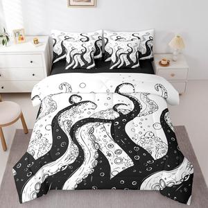 Erosebridal Комплект постельного белья Octopus с морским принтом в черно-белых тонах, Black White
