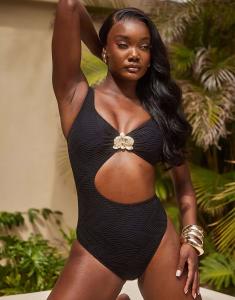 Текстурированный волнистый купальник South Beach с золотыми цветочными деталями черного цвета