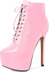 Женские ботильоны AUMOTED на платформе с круглым носком, боевые ботинки, ботильоны на шпильке, стильные модные короткие ботинки с шнуровкой, молнией и утепленные, каблук 16 см, Patent Pink