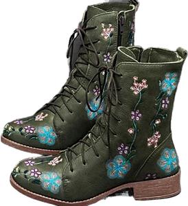 Винтажные вышитые цветочные ботильоны для женщин, ботинки с боковой молнией и шнуровкой, массивный каблук, осень-зима Generic, Green
