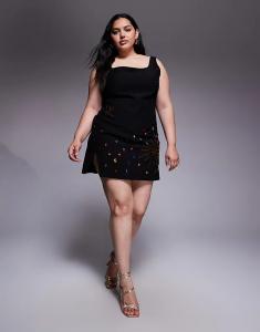 Бархатное мини-платье Renee Studio с квадратным вырезом, небесными пайетками и драгоценными камнями, черное