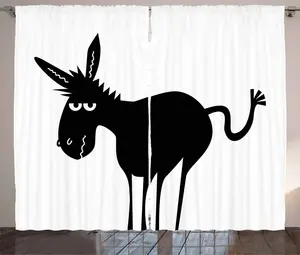 Штора ABAKUHAUS Ослик в деревенском стиле, черный, забавный силуэт талисмана, универсальные ленточные шторы для гостиной с петлями и крючками, 280 x 225 см, белый и черный Abakuhaus