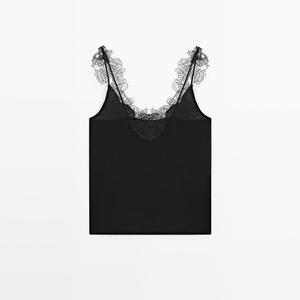 Топ Massimo Dutti Strappy Knit With Lace Trim Detail, черный