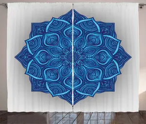 Штора ABAKUHAUS Синяя мандала в деревенском стиле, винтажный мотив, для спальни, присборенная тесьма с петлями и крючками, 280 x 245 см, темно-синий, светло-голубой пыльный Abakuhaus
