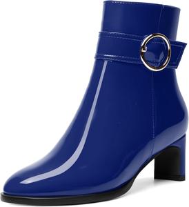 Женские ботильоны MODENCOCO с лакированной пряжкой, повседневные, для свадьбы, с молнией, с ремешком на щиколотке, с круглым носком, массивным низким каблуком 2 дюйма, Royal Blue