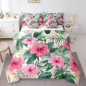 Erosebridal Комплект постельного белья Pink Flowers Full в богемном стиле с ботаническим принтом из цветов и листьев в акварельной технике, Pink and Green