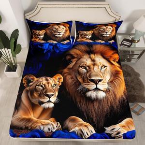 Erosebridal Простыня на резинке Lion Blue Rose, африканские животные, цветочный декор, Blue Brown Black