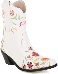 Женские ковбойские ботинки VULTRO с цветочной вышивкой, среднем каблуке, ретро-стиле, укороченные западные ботинки до щиколотки, White
