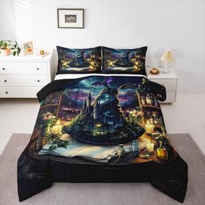 Erosebridal Комплект постельного белья Halloween с принтом ведьминской шляпы и звездного неба для детей, Black Brown Green