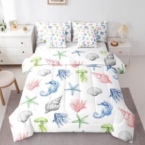 Erosebridal Комплект постельного белья Starfish Seahorse Shell для детей и подростков с морским принтом, White Blue Pink Green