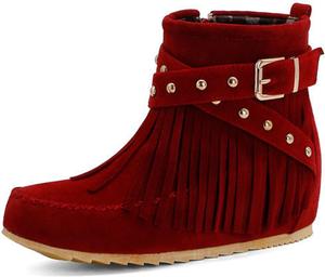 Женские замшевые ботинки с бахромой до середины икры, с круглым носком, классические с кисточками, ковбойские плоские ботильоны, модные ретро повседневные зимние ботинки на низком каблуке для снега CSRZPMG, Red Comfort Boots
