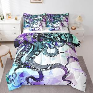 Erosebridal Комплект постельного белья Octopus с морским принтом, включает одеяло, простыни и наволочки, пурпурно-бирюзовый, Purple Turquoise White