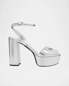 Сандалии на платформе из кожи с металлизированным ремешком на щиколотке Prada, цвет Platino