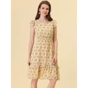 Женские платья с развевающимися рукавами и V-образным вырезом, присборенной талией, рюшами и цветочным принтом ALLEGRA K, розовый