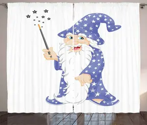 Штора ABAKUHAUS Magician в деревенском стиле, Смеющийся старый волшебник, универсальная ленточная штора для гостиной с петлями и крючками, 280 x 245 см, цвет: синий, белый, черный Abakuhaus