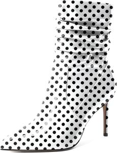Женские скошенные ботильоны Mettesally с высоким каблуком, заостренным носком, модные стильные с боковой молнией, каблук 3,5 дюйма, ботинки средней высоты, Patent Polka Dot