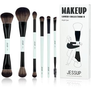 Набор кистей для макияжа Makeup Brush Set 6pcs Double Sided Brushes Foundation Contour Blush Highlight Blending Eyebrow Eyeshadow Vegan Make up Bright Cyan T501