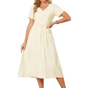 Женское льняное платье летнее с коротким рукавом и v-образным вырезом в стиле бохо Inspire Chic, Beige