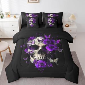 Erosebridal Готический комплект постельного белья Skull с черепами, бабочками и пурпурными розами, Purple Black