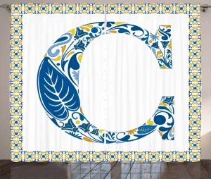 Штора ABAKUHAUS Буква C в деревенском стиле, португальское культурное искусство, универсальные ленточные шторы для гостиной с петлями и крючками, 280 x 175 см, цвет: синий, желтый, оранжевый Abakuhaus