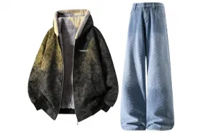 Толстовка Casual Sportswear утепленная с капюшоном унисекс X1617, top черный + pants vintage синий