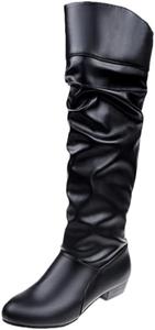 Женские модные сапоги - большой размер, широкий каблук, плиссированный дизайн - подходят для осенне-зимних образов HoaloX, Black