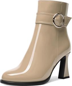 Женские ботильоны AMBELIGHT с круглым носком, для вечеринок, модные, лакированные, однотонные, с молнией, на высоком каблуке 3,3 дюйма, Beige