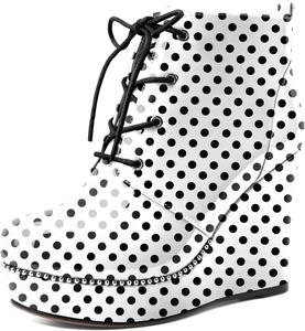 Женские ботильоны Eldof Wedge с круглым носком, шнуровкой и бисером, высокие на каблуке 4 дюйма, из лакированной кожи, Polka Dot