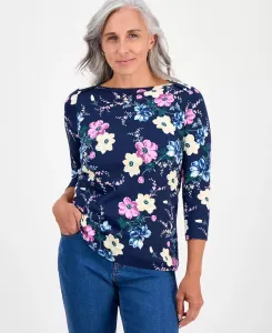 Маленькая хлопковая блузка с цветочным принтом и рукавом 3/4 с лодочкой Style & Co, синий