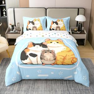 Erosebridal Комплект постельного белья Cute Cat Family из 100% хлопка с мультяшными котятами и животными в стиле масляной живописи, Yellow Blue