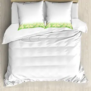 Пододеяльник ABAKUHAUS с цветочным принтом, ромашки на траве, устойчив к клещам, подходит для аллергиков, с наволочками, 155 см x 220 см - 80 x 80 см, цвет: зеленый, белый, желтый Abakuhaus