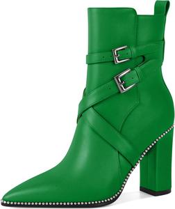Женские ботильоны AUMOTED с заостренным носком, украшенные бисером, массивным каблуком 3,5 дюйма, с боковой молнией, вестерн-стиль, Matte Green
