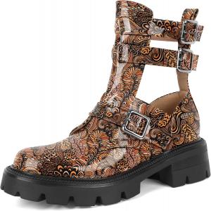 Женские ботильоны SAMMITOP с низким каблуком и рифленой подошвой, модные ботинки с круглым носком и вырезами, боевые ботинки с металлической пряжкой, готические ботильоны на 2 дюйма, Flower Brown